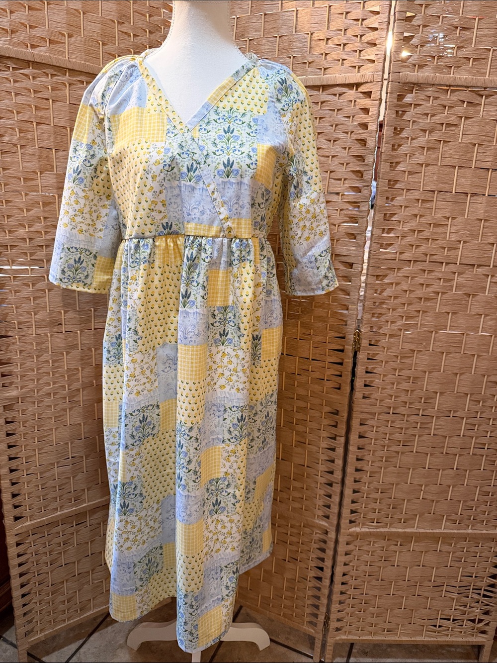 Hand Crafted Yellow and Blue Patchwork V-Neck Midi Dress